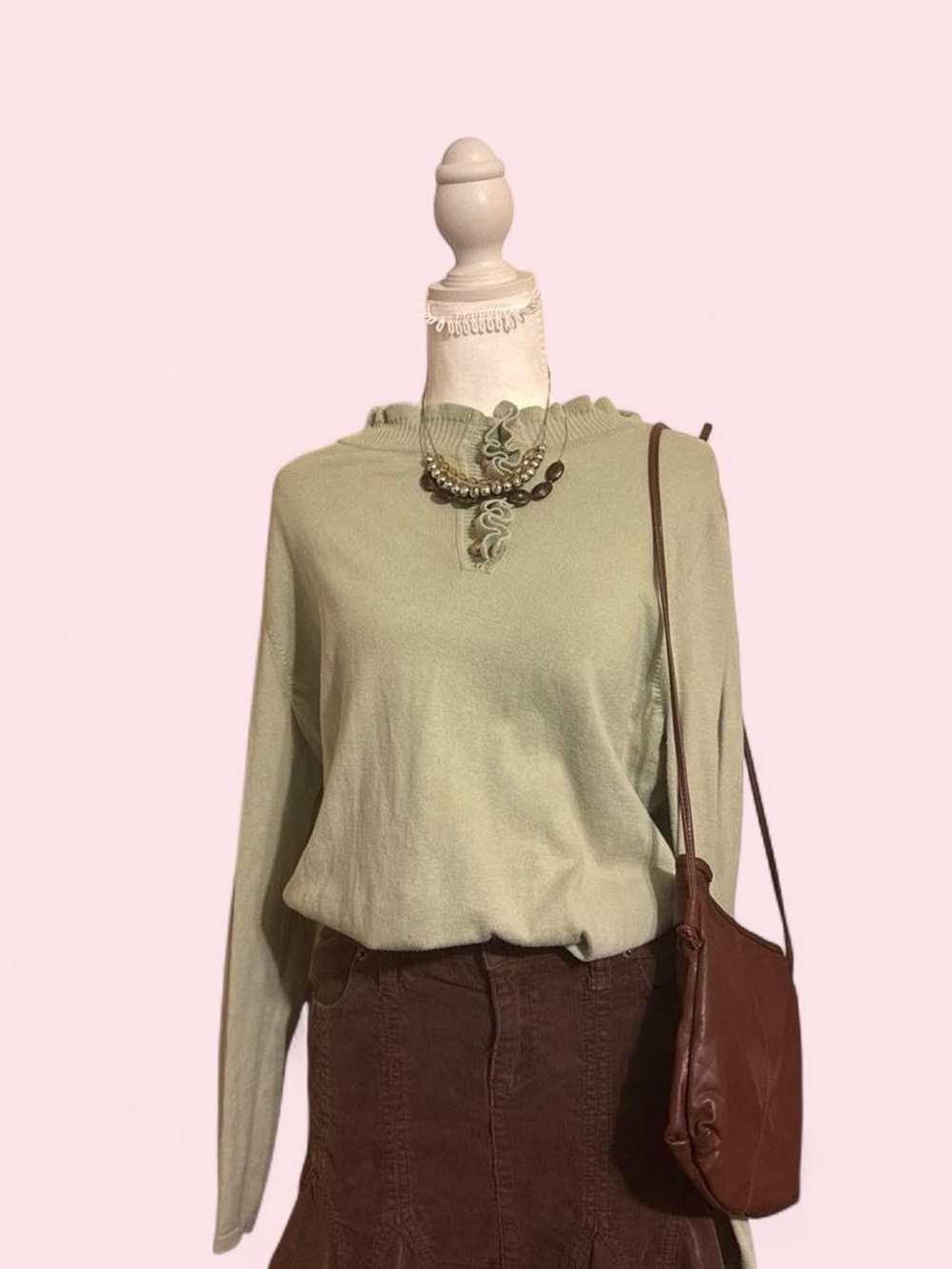 Green Sweater with Ruffled Neckline